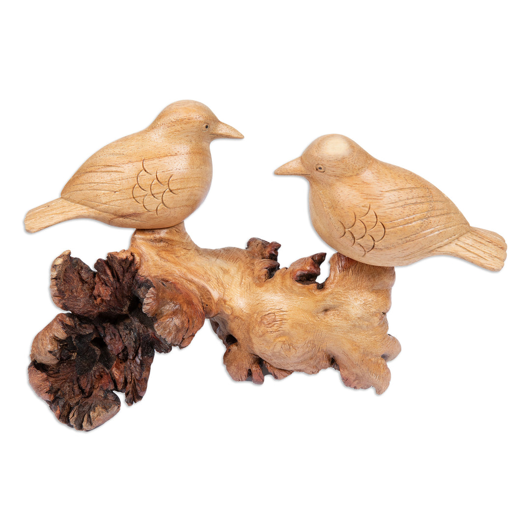 Handcrafted Romantic Jempinis and Benalu Wood Bird Sculpture - Honeymoon Sparrow