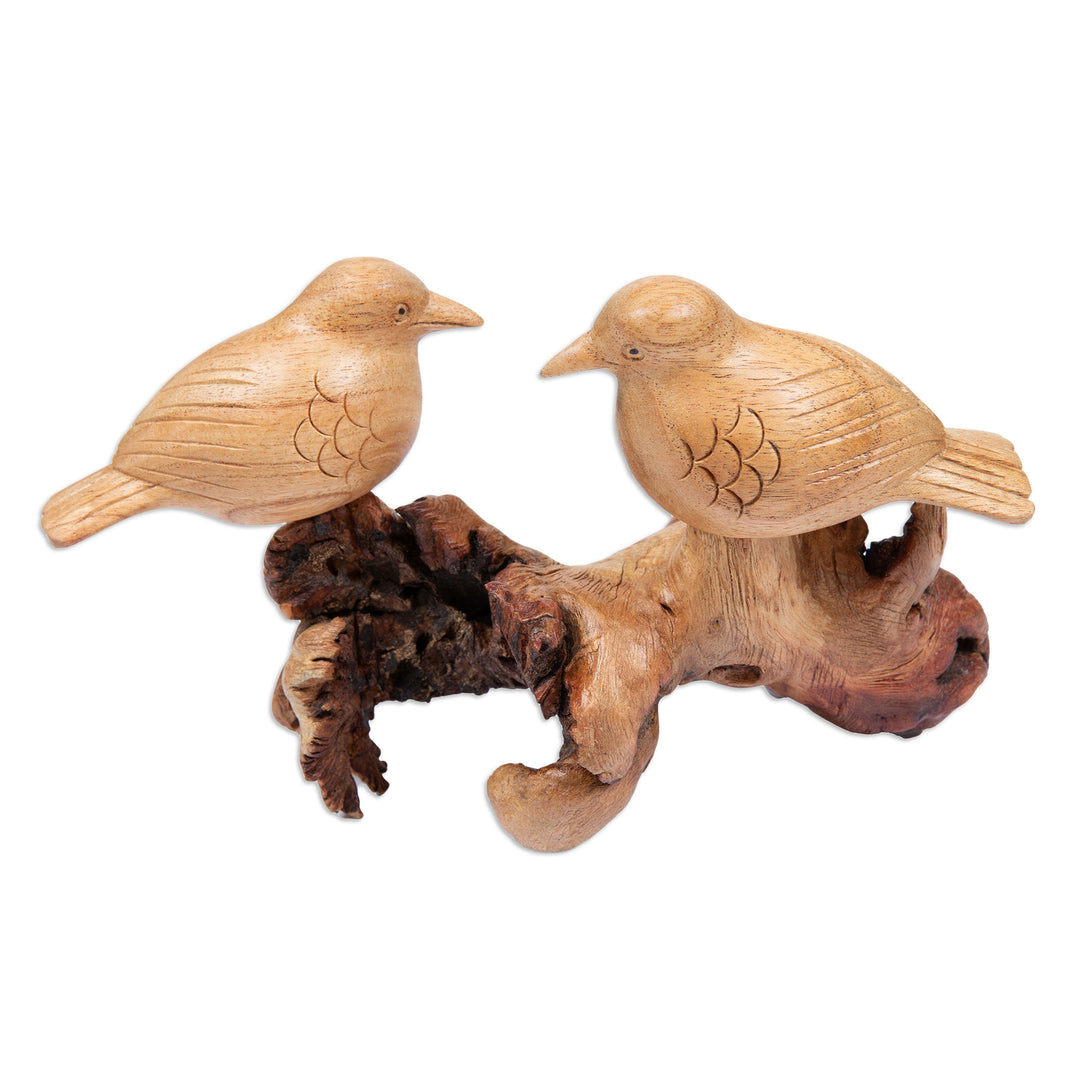 Handcrafted Romantic Jempinis and Benalu Wood Bird Sculpture - Honeymoon Sparrow