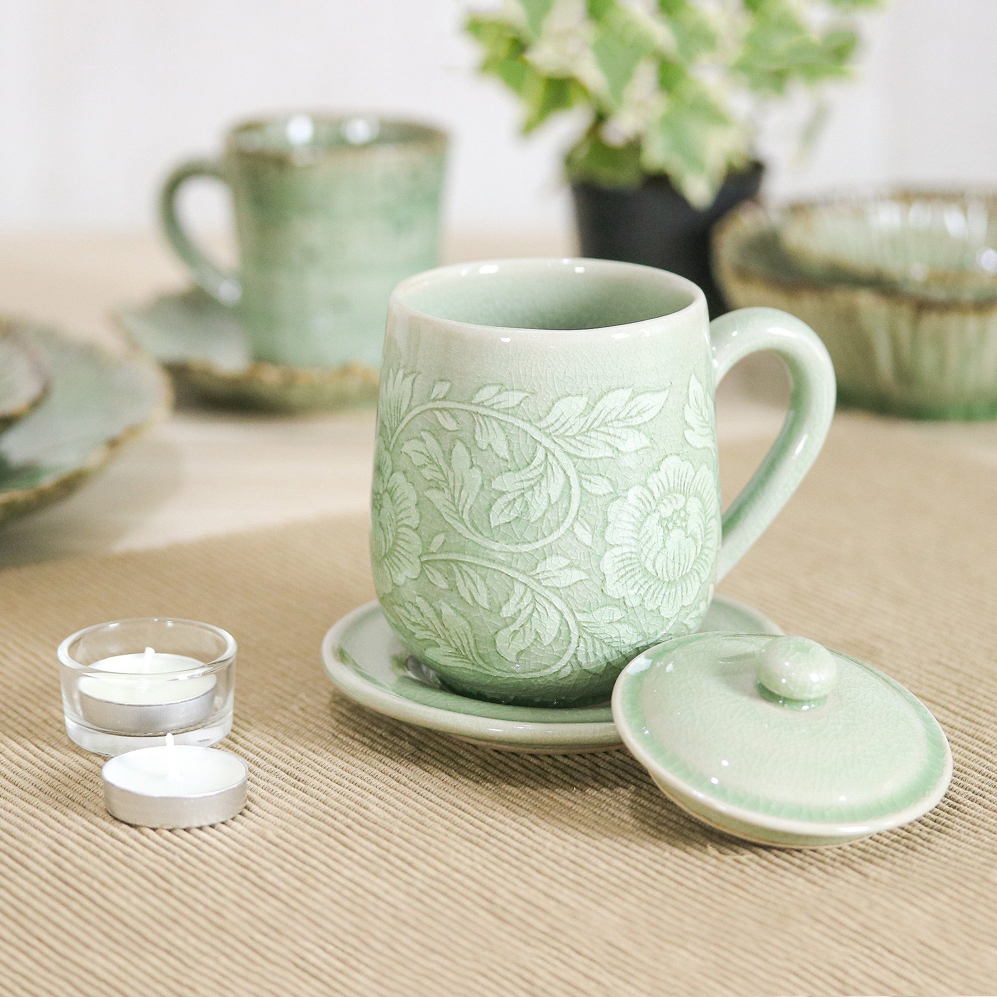 Floral Crackled Green Celadon Ceramic Covered Cup and Saucer