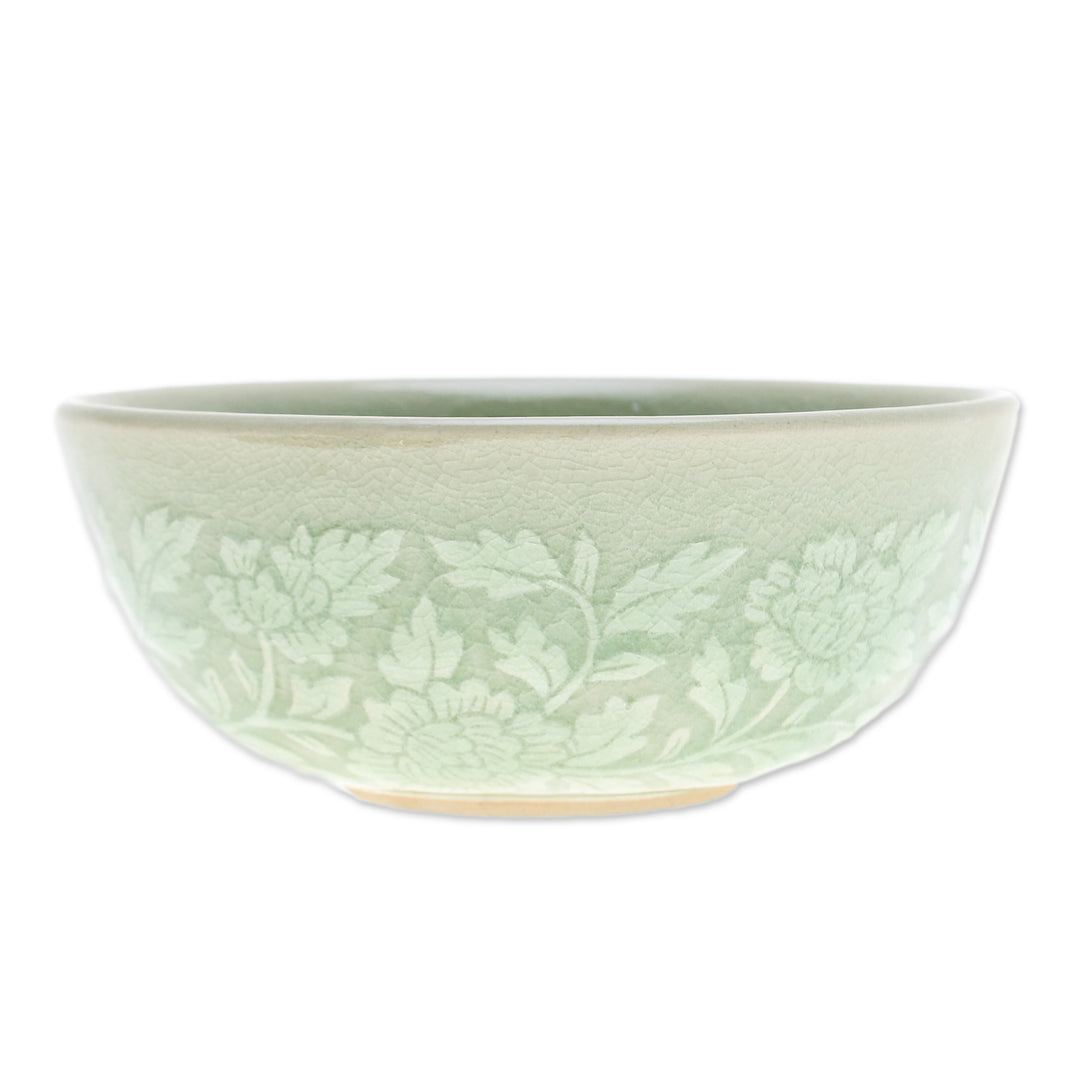 Leafy and Floral Green Ceramic Bowl with Crackled Finish - Wealthy Peony