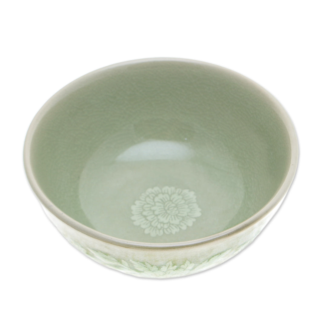 Leafy and Floral Green Ceramic Bowl with Crackled Finish - Wealthy Peony