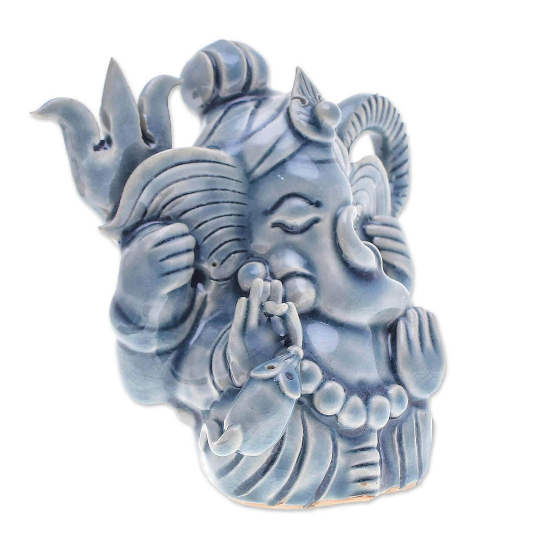 Traditional Crackled Blue Celadon Ceramic Ganesha Sculpture - Ganesha Divinity
