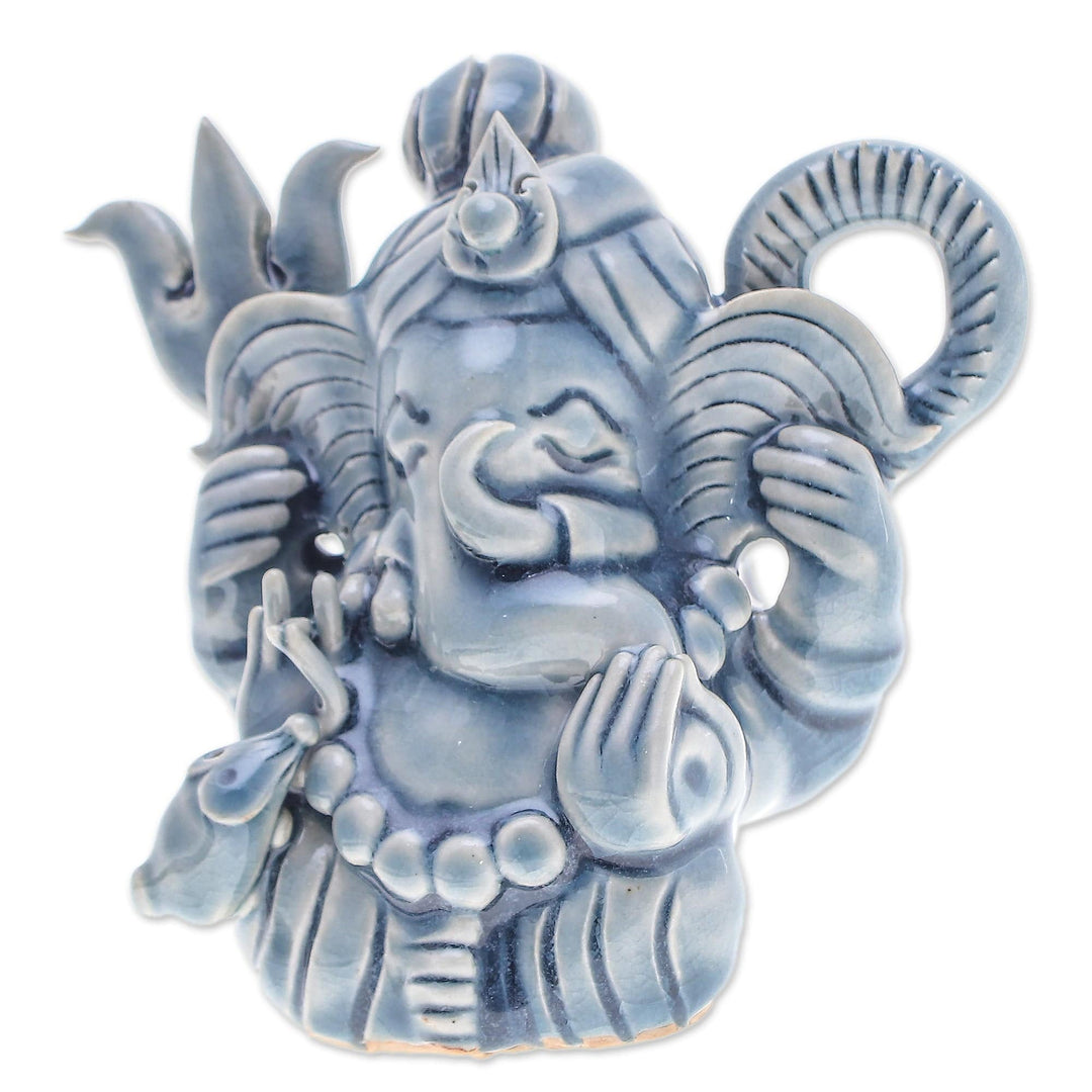 Traditional Crackled Blue Celadon Ceramic Ganesha Sculpture - Ganesha Divinity