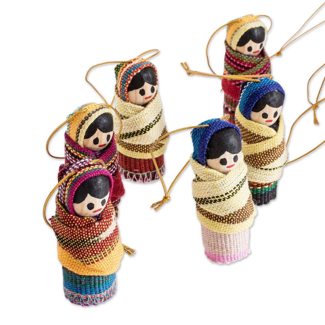 Handcrafted Worry Doll Wood and Cotton Ornaments (Set of 12) - Happy Folk