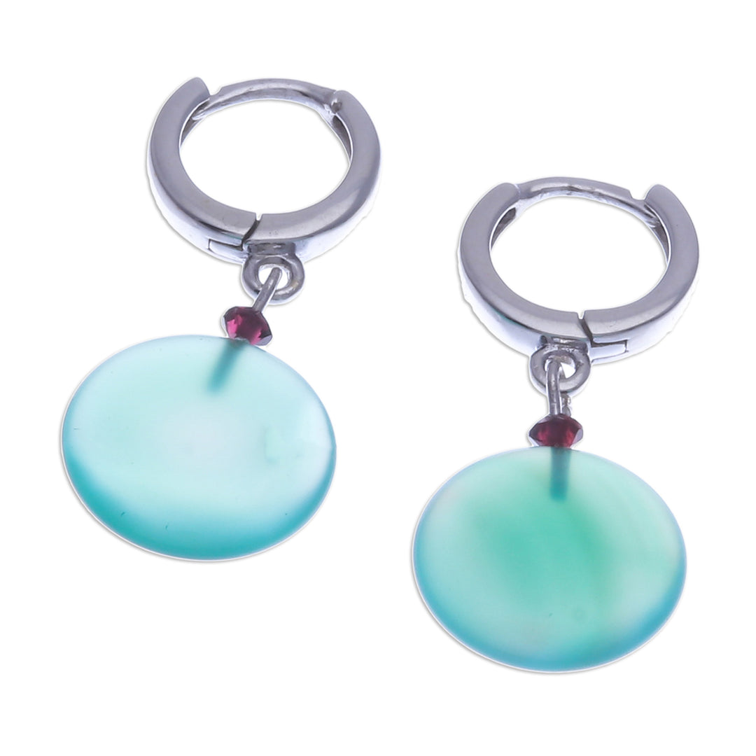 Sterling Silver Hoop Earrings with Green Onyx and Garnet - Green Full Moon