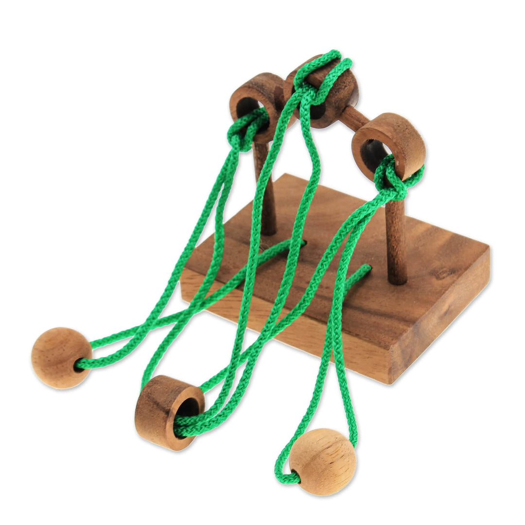 Handcrafted Wood and Green Nylon Disentanglement Puzzle Game - Tied Bridge