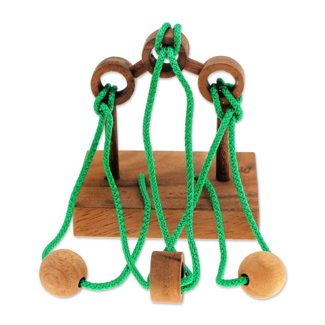 Handcrafted Wood and Green Nylon Disentanglement Puzzle Game - Tied Bridge