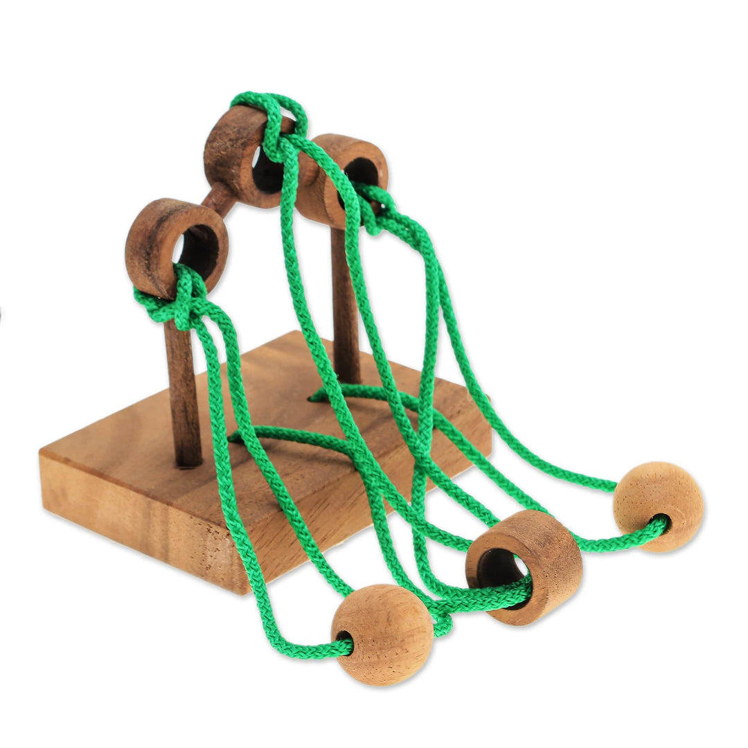 Handcrafted Wood and Green Nylon Disentanglement Puzzle Game - Tied Bridge