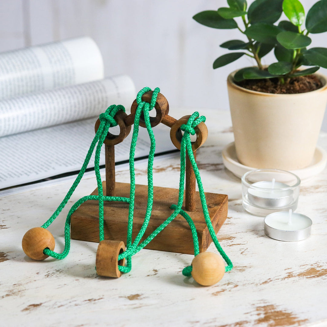 Handcrafted Wood and Green Nylon Disentanglement Puzzle Game - Tied Bridge