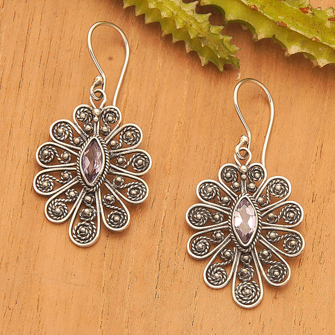 Amethyst Sterling Silver Peacock Tail Dangle Earrings - Peacock Splendor