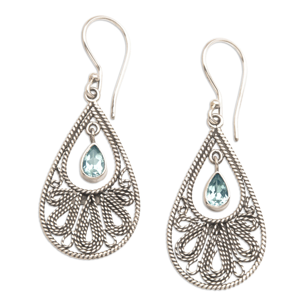 Sterling Silver Swinging Blue Topaz Stones Dangle Earrings - Swinging Moon