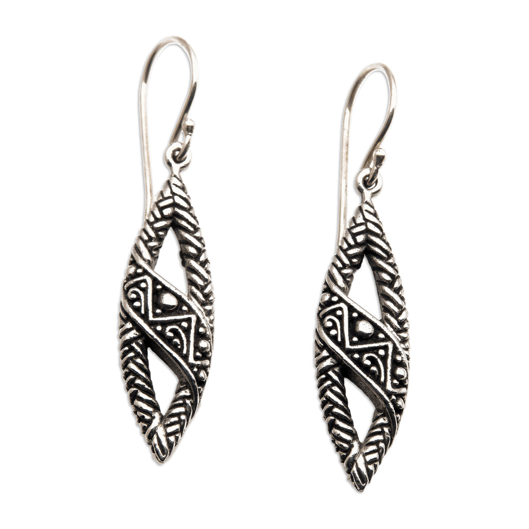 Sterling Silver Dangle Earrings with Textured Balinese Motif - Bali Style