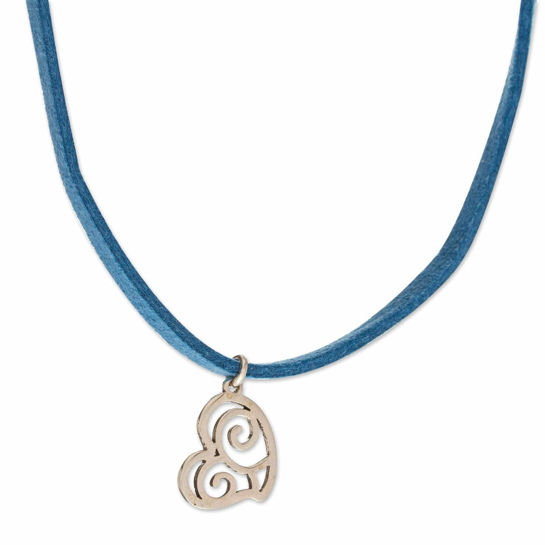 Heart-Shaped Blue Suede and Sterling Silver Pendant Necklace - Sky Heart