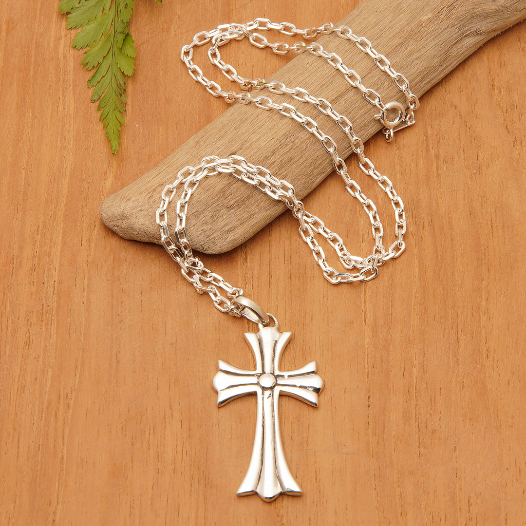 Polished Sterling Silver Cross Pendant Necklace from Bali - Cross of Vitality