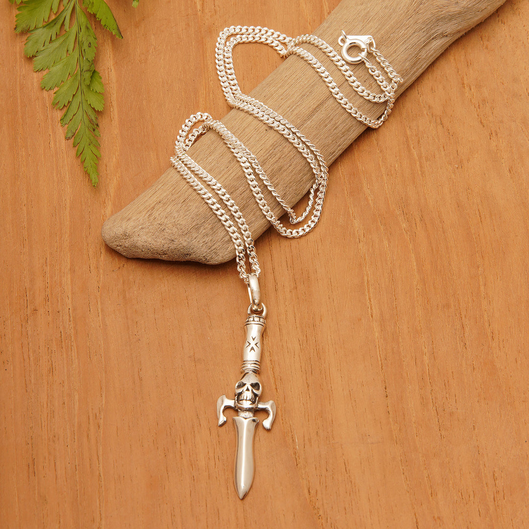 Skull-Themed Sterling Silver Pendant Necklace from Bali - Underworld Sword