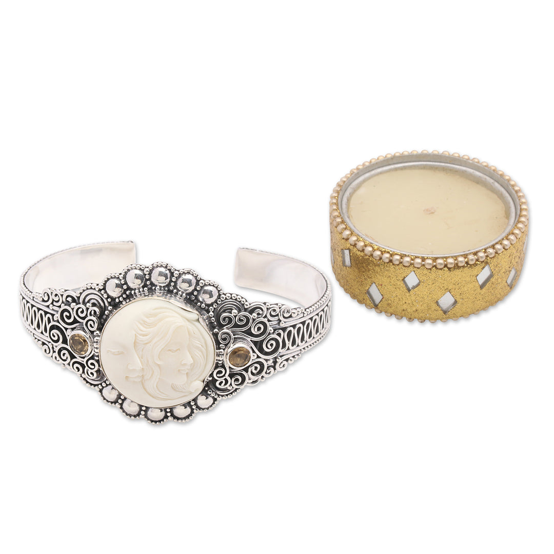 Sterling Silver Citrine Woman and Moon Cuff Bracelet - Lovely Moon