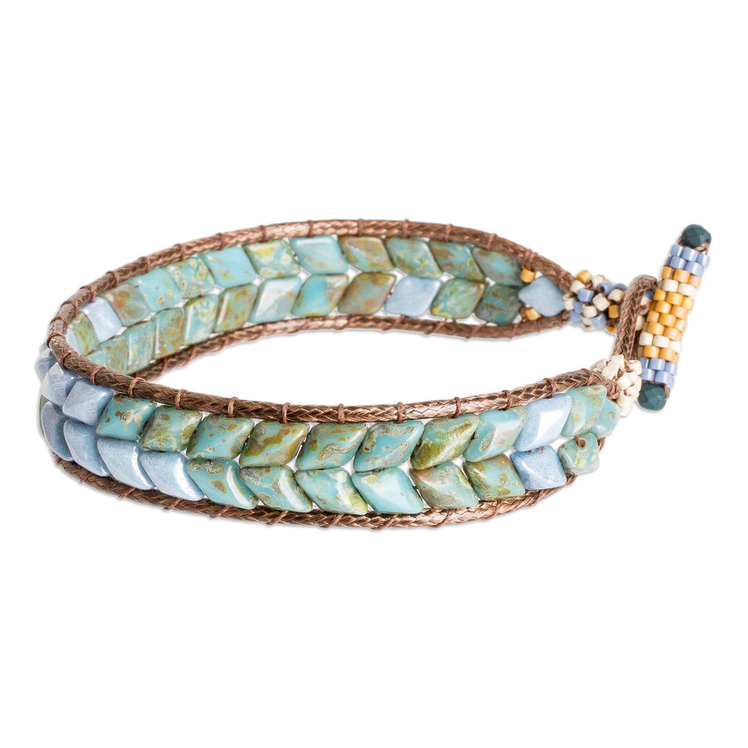 Handcrafted Blue and Green Glass Beaded Wristband Bracelet - Celestial Current