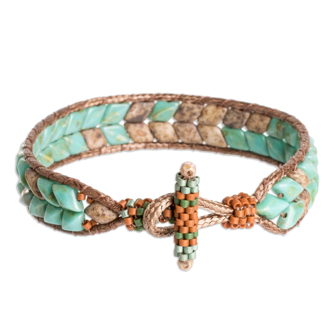 Handcrafted Green and Brown Glass Beaded Wristband Bracelet - Paradisial Current