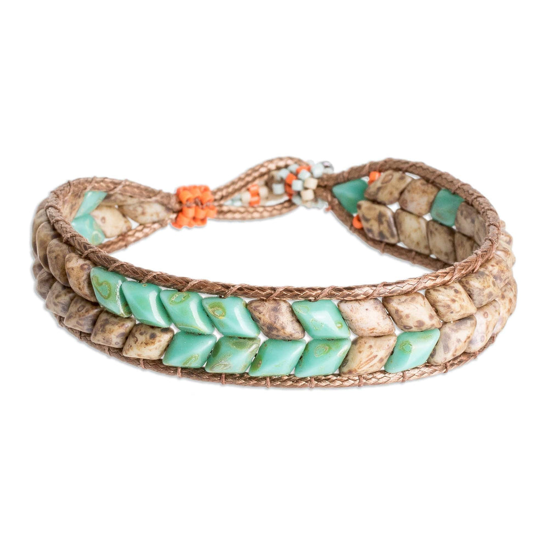Handmade Turquoise and Brown Glass Beaded Wristband Bracelet - Serene Current