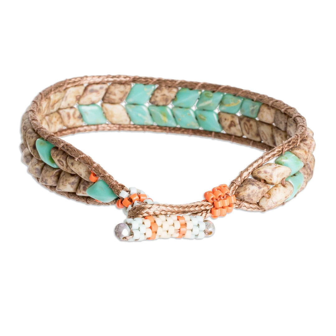 Handmade Turquoise and Brown Glass Beaded Wristband Bracelet - Serene Current