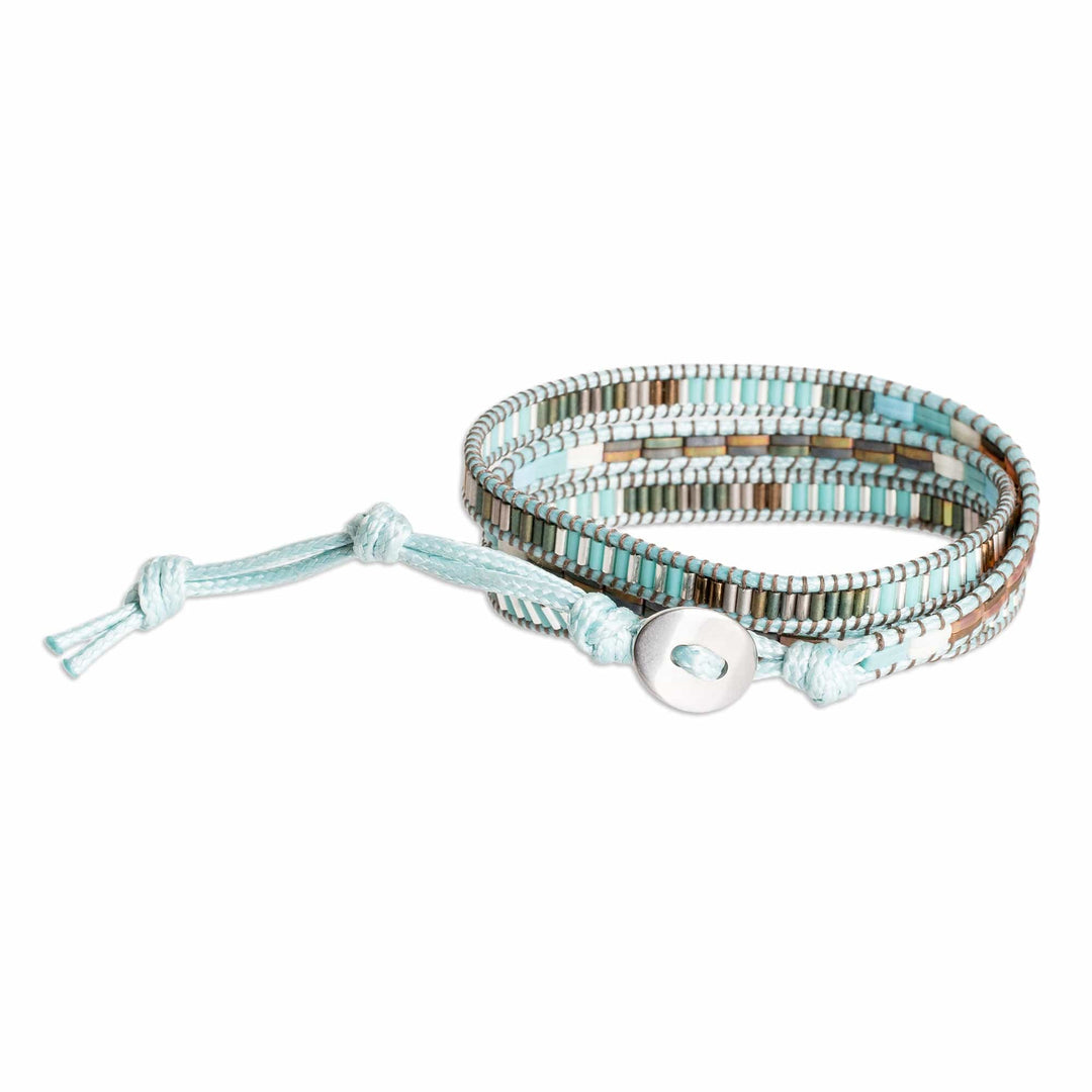 Handcrafted Sky Blue and Brown Glass Beaded Wrap Bracelet - San Cristobal in Heaven