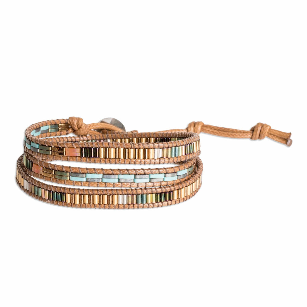 Handcrafted Brown and Blue Glass Beaded Wrap Bracelet - San Cristobal in Autumn