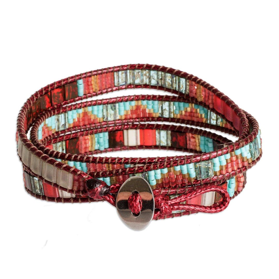 Handcrafted Glass Beaded Wrap Bracelet in Burgundy - Santa Fe in Burgundy