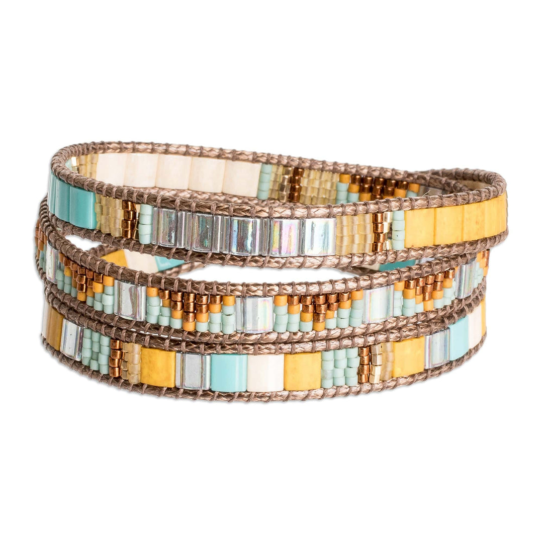 Handcrafted Brown Yellow Aqua Glass Beaded Wrap Bracelet - Santa Fe in Brown