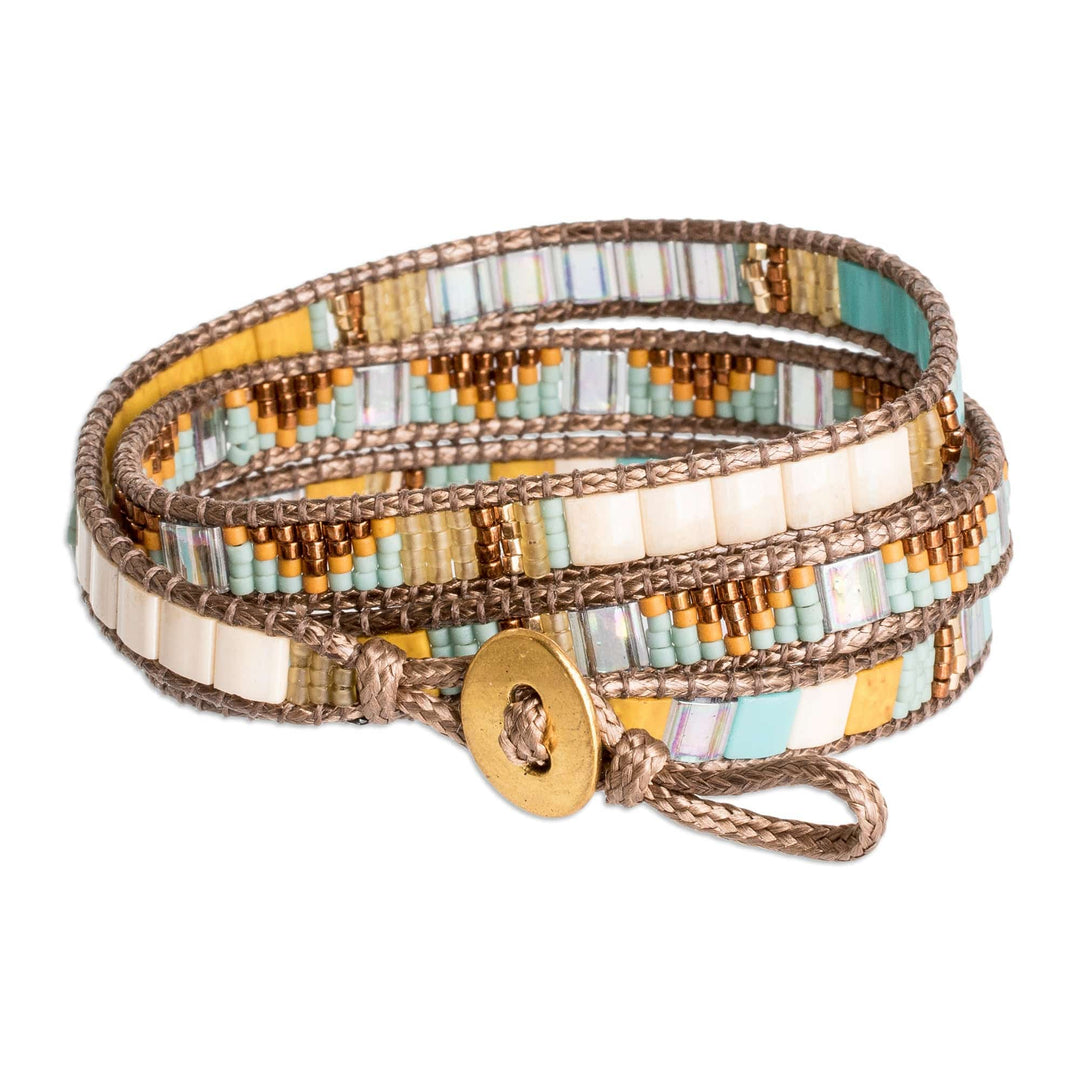 Handcrafted Brown Yellow Aqua Glass Beaded Wrap Bracelet - Santa Fe in Brown