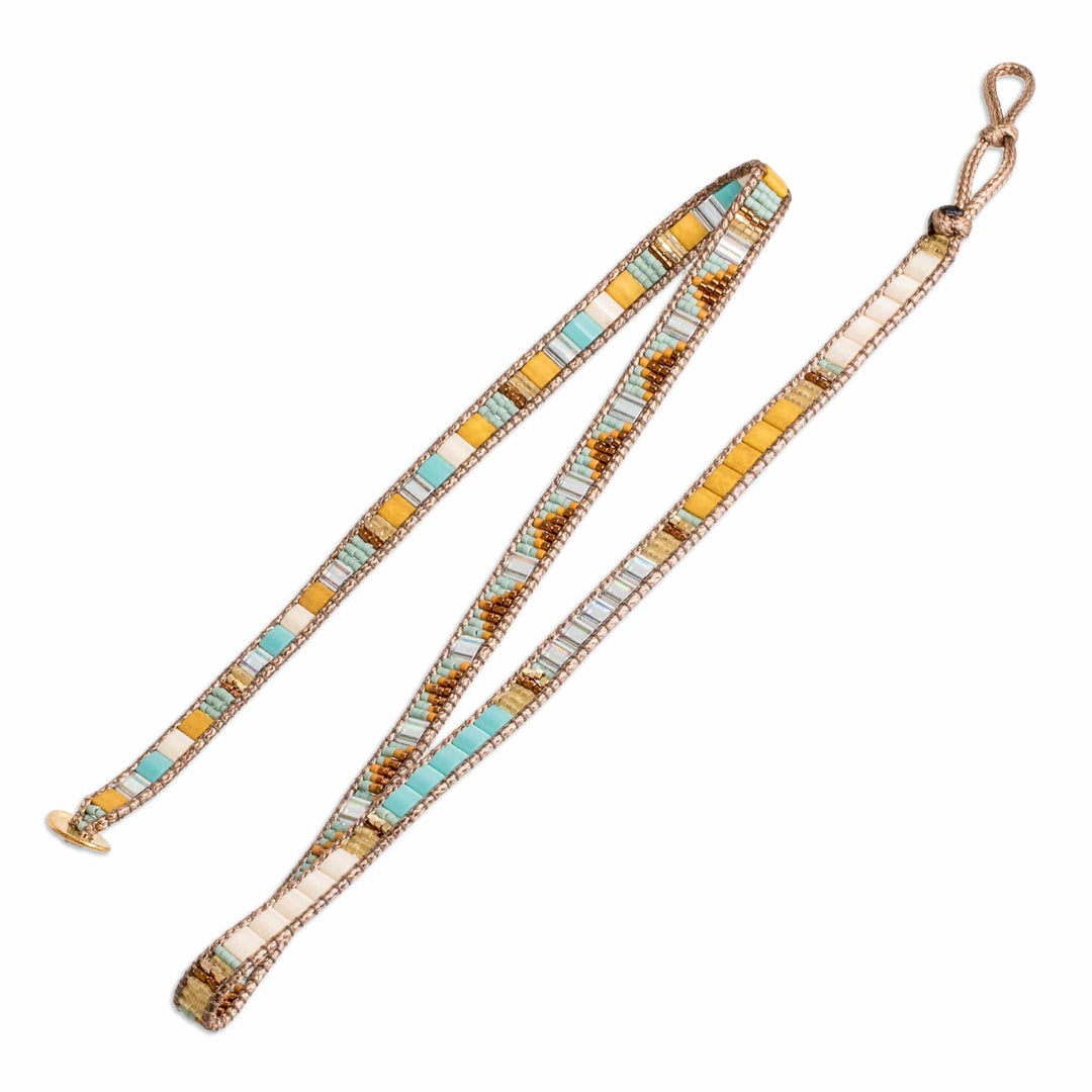 Handcrafted Brown Yellow Aqua Glass Beaded Wrap Bracelet - Santa Fe in Brown