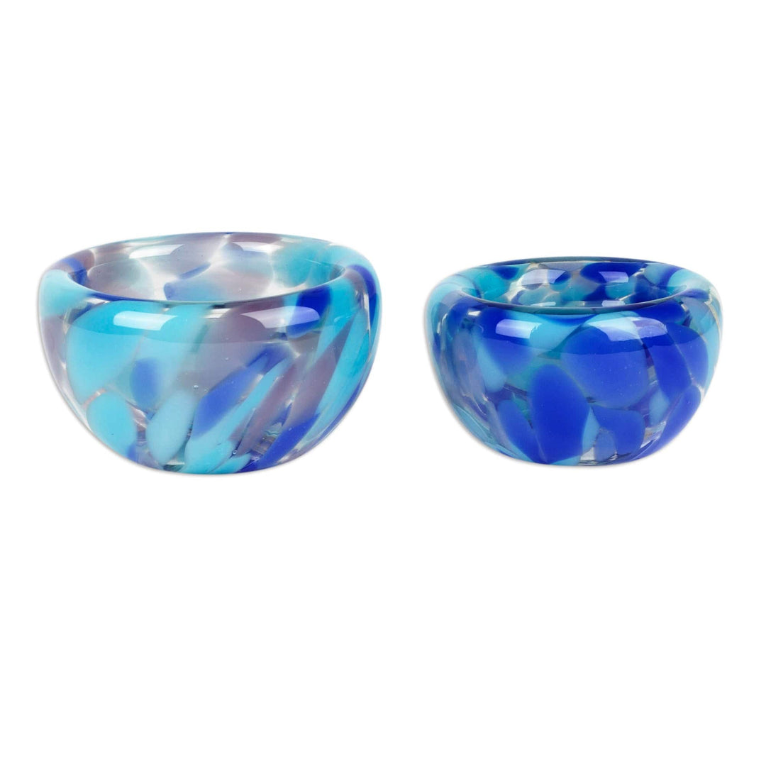 Handblown Patterned Blue Recycled Glass Bowls (Set of 2) - Flavors in Blue