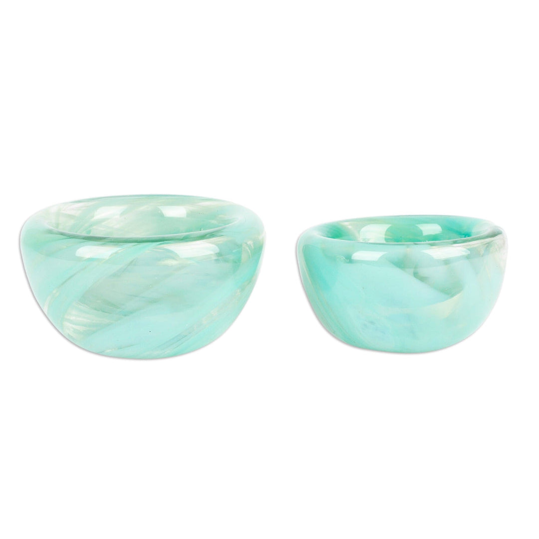 Handblown Patterned Mint Recycled Glass Bowls (Set of 2) - Flavors in Mint