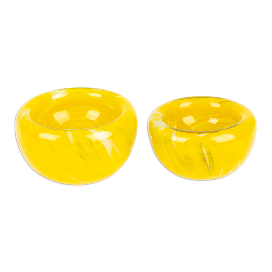 Handblown Patterned Yellow Recycled Glass Bowls (Set of 2) - Flavors in Summer
