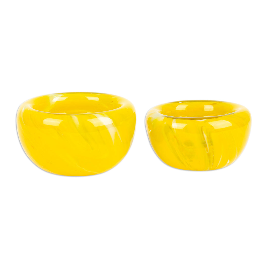 Handblown Patterned Yellow Recycled Glass Bowls (Set of 2) - Flavors in Summer