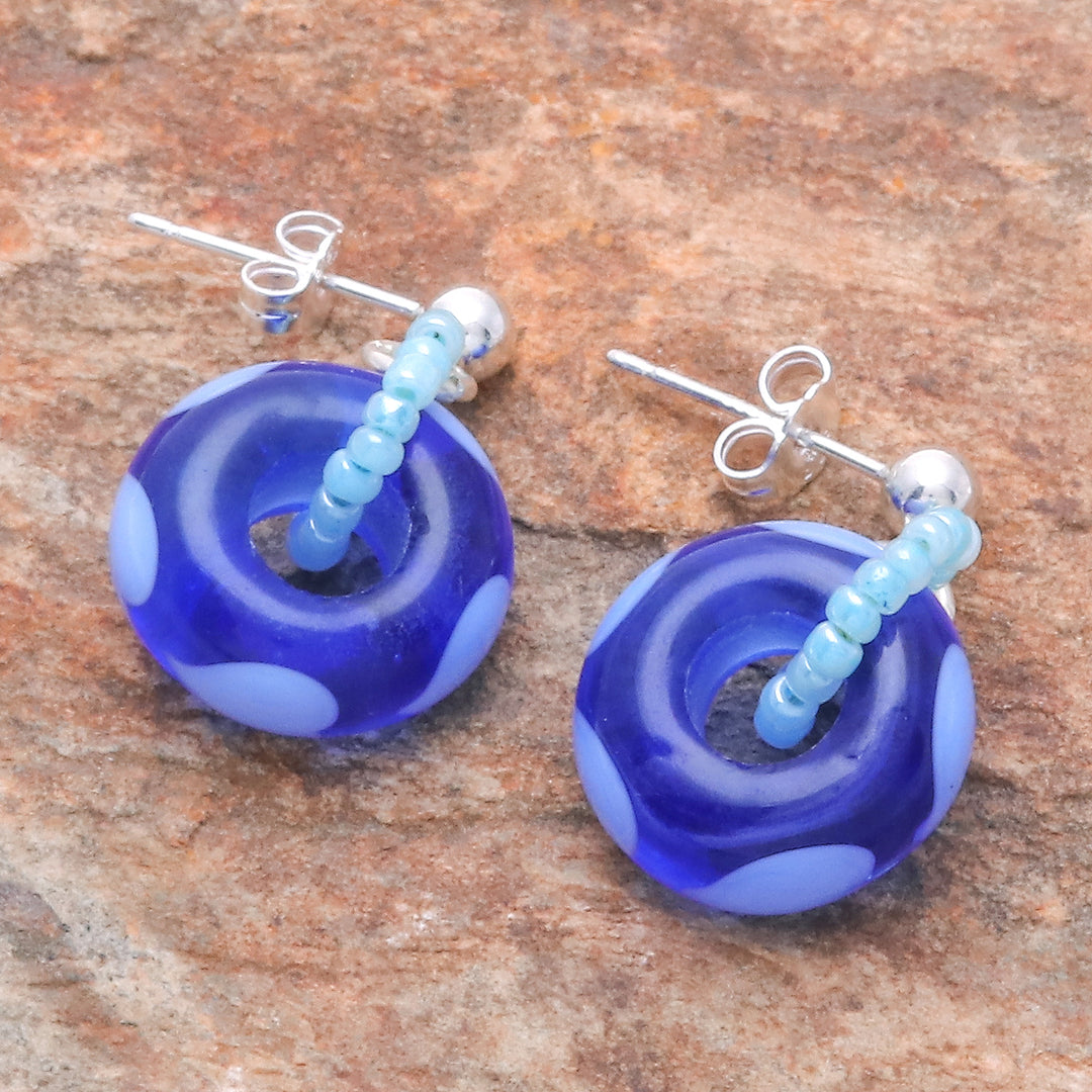 Handblown Glass Beaded Blue Dangle Earrings with Heart Motif - Perpetual Love