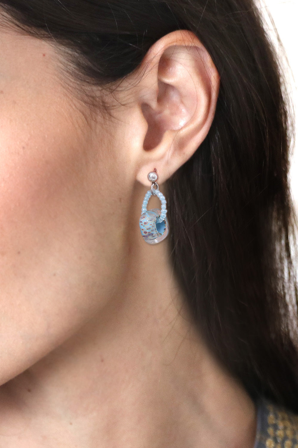Square Blue and Brown Handblown Glass Beaded Dangle Earrings - Dazzling Beauty