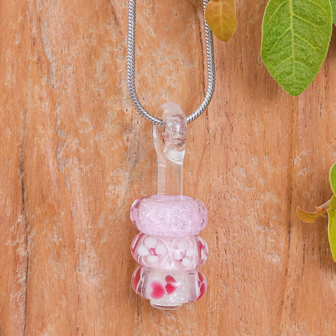 Floral Pink Glass Beaded Pendant Necklace from Thailand - Pretty Amulets
