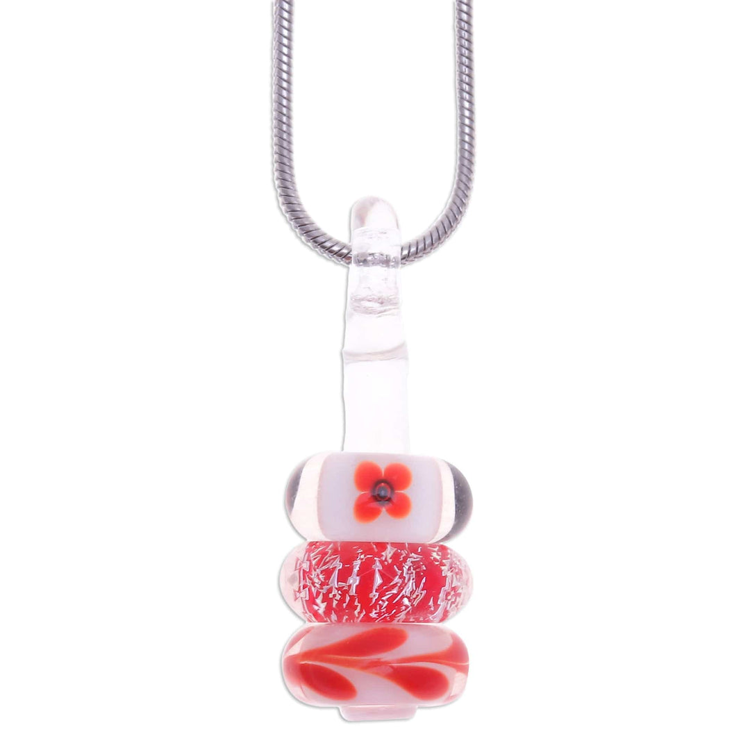 Floral Red and Orange Glass Beaded Pendant Necklace - Courageous Amulets
