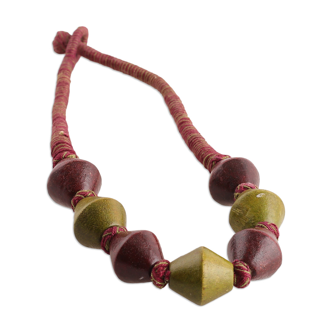Geometric Green and Brown Haldu Wood Beaded Necklace - Tribal Dimension