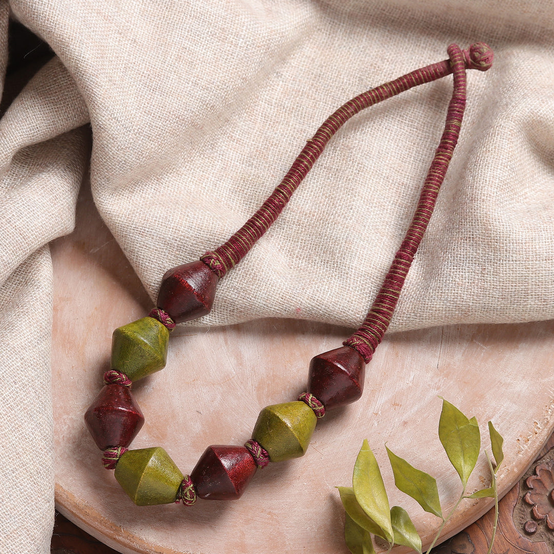 Geometric Green and Brown Haldu Wood Beaded Necklace - Tribal Dimension