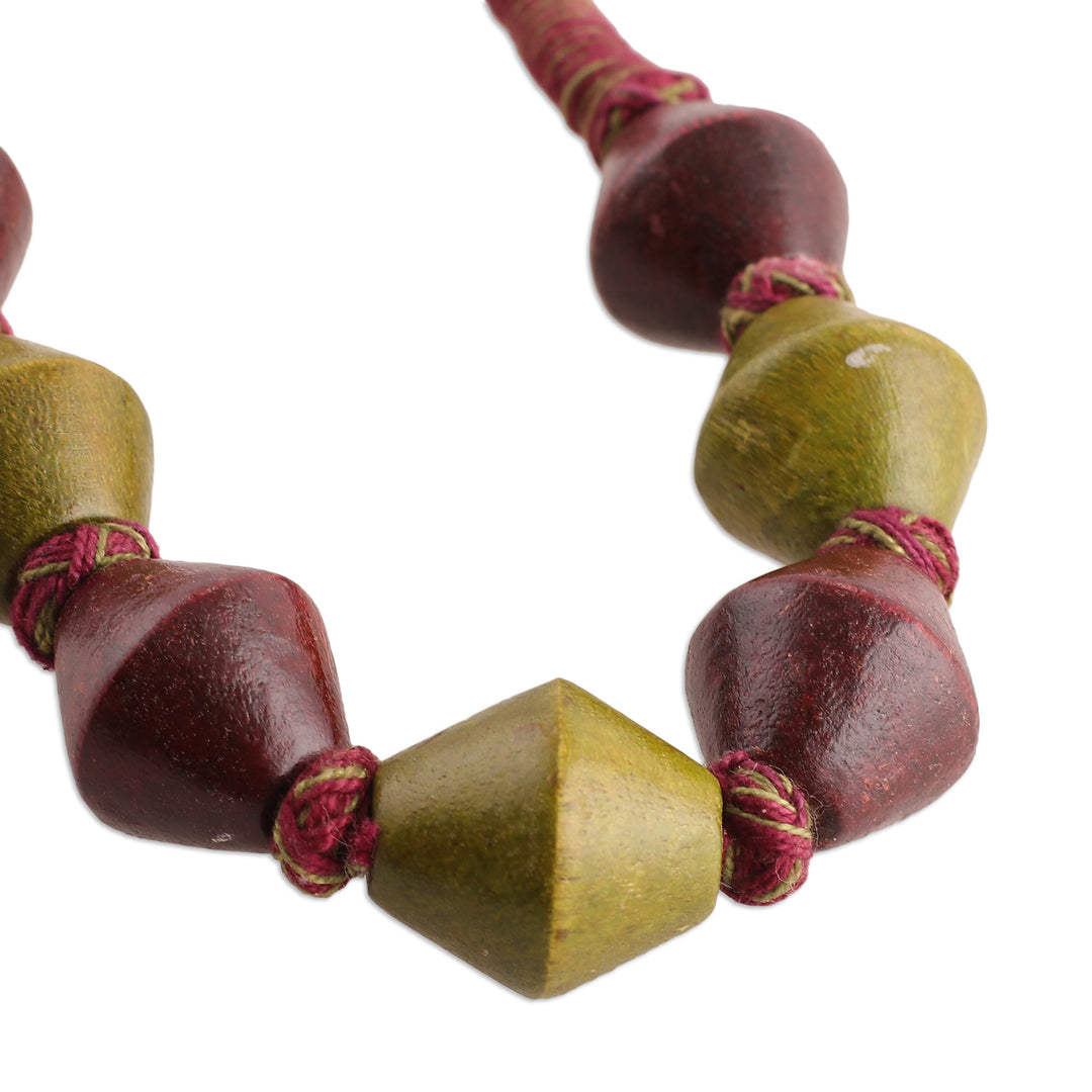 Geometric Green and Brown Haldu Wood Beaded Necklace - Tribal Dimension