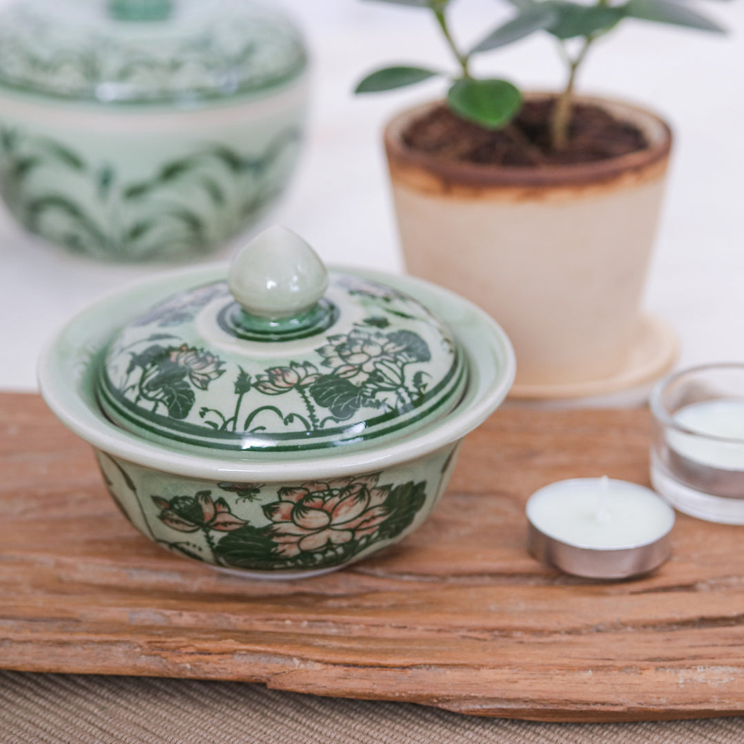Thai Lotus Flower-Themed Celadon Ceramic Jar in Green - Thai Lotus in Green
