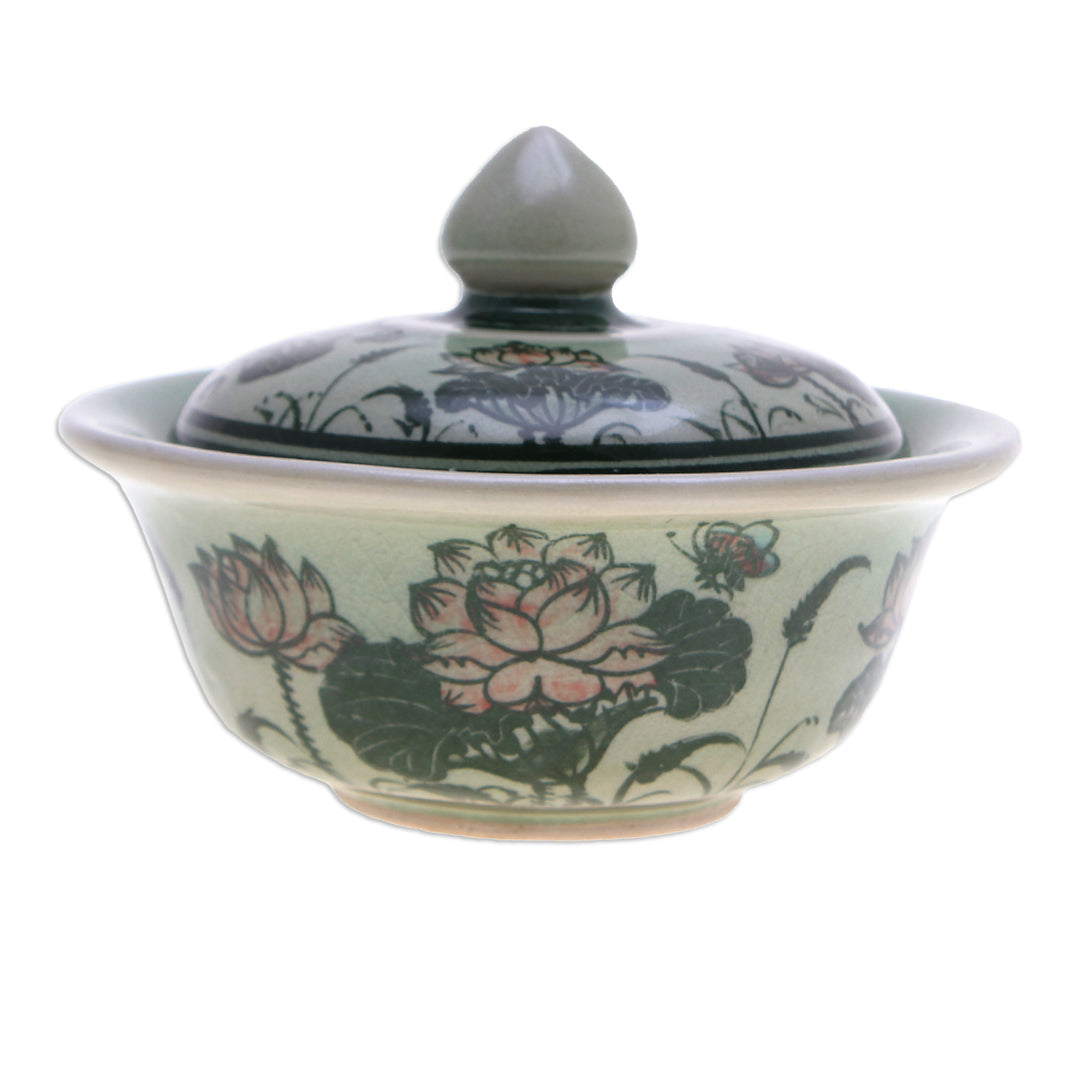 Thai Lotus Flower-Themed Celadon Ceramic Jar in Green - Thai Lotus in Green