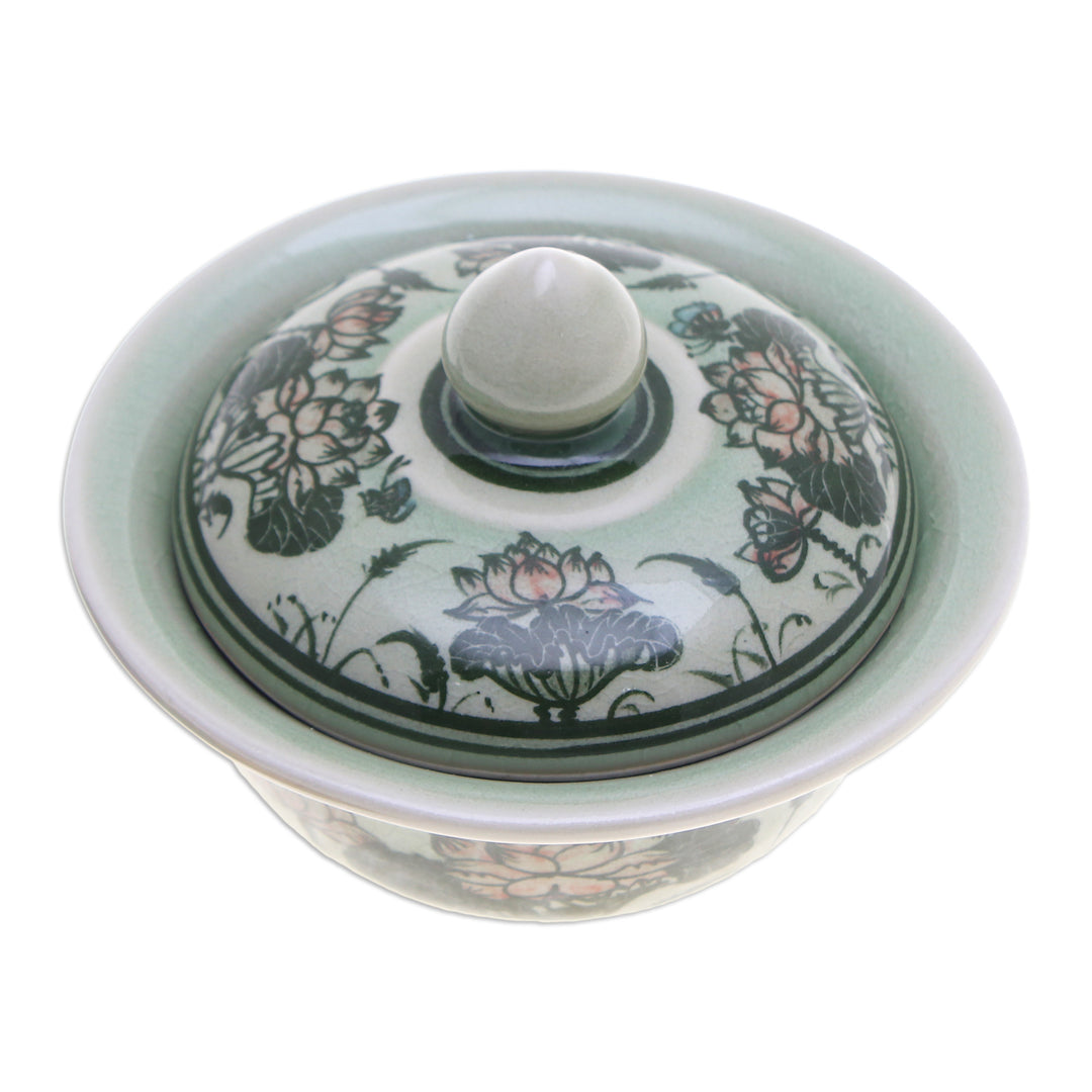 Thai Lotus Flower-Themed Celadon Ceramic Jar in Green - Thai Lotus in Green