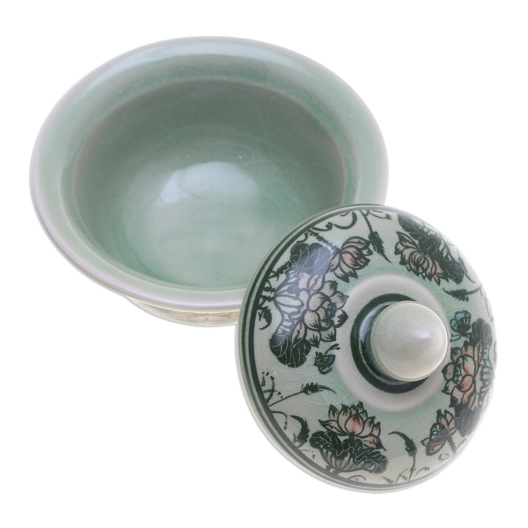 Thai Lotus Flower-Themed Celadon Ceramic Jar in Green - Thai Lotus in Green