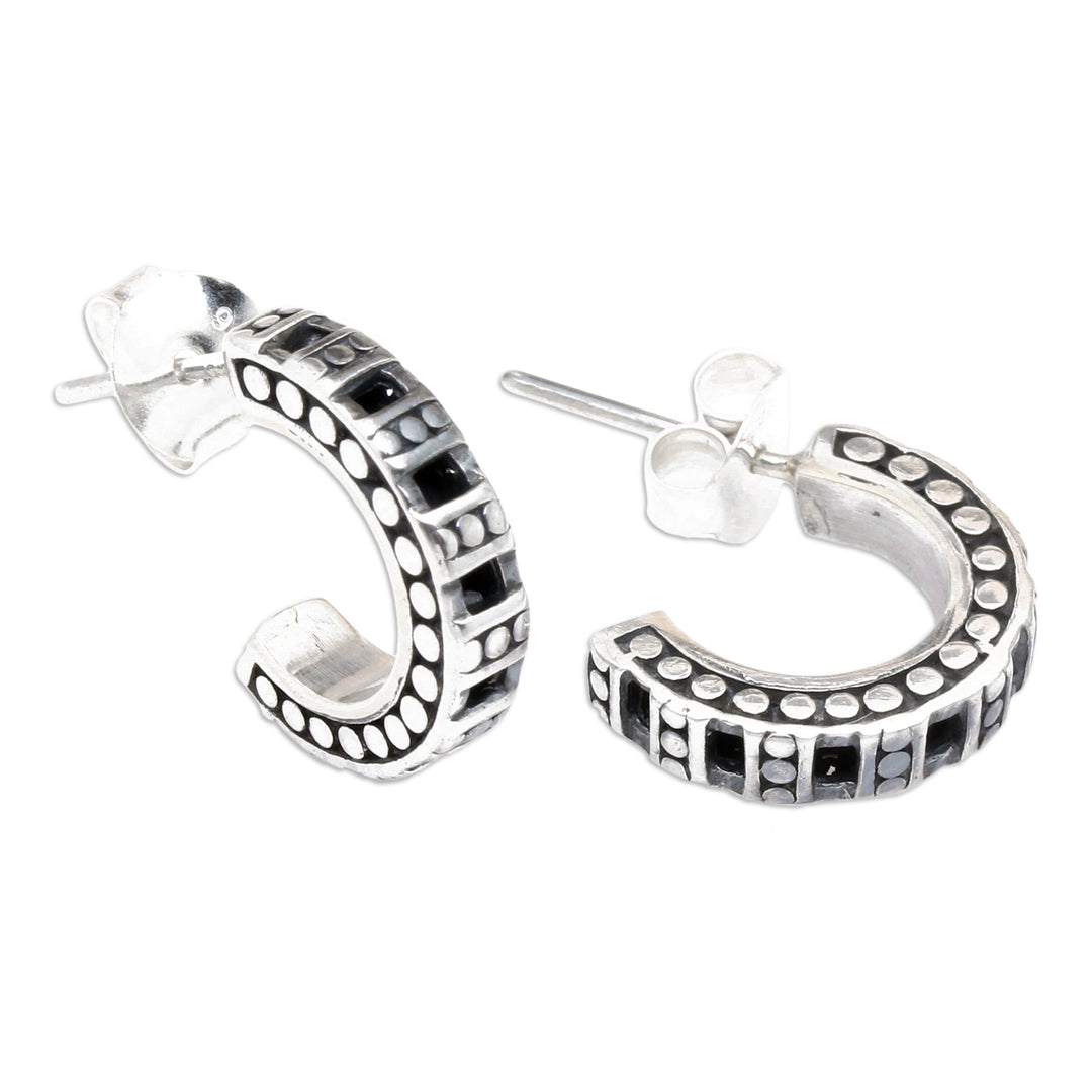 Oxidized and Polished Sterling Silver Half-Hoop Earrings - Island Wheel