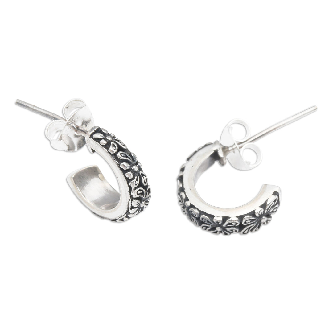 Classic Flower-Themed Sterling Silver Half-Hoop Earrings - Paradisial Nimbus