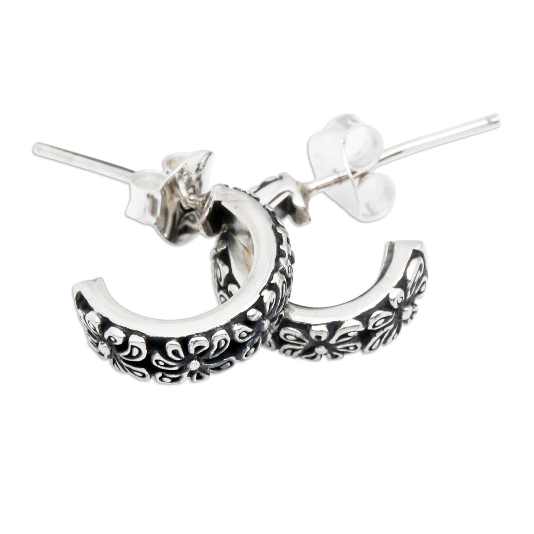 Classic Flower-Themed Sterling Silver Half-Hoop Earrings - Paradisial Nimbus