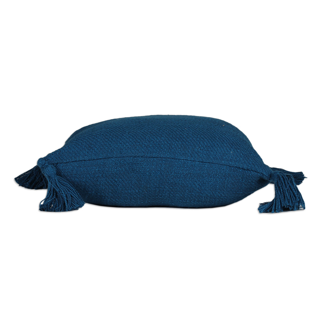 Pair of Peacock-Toned Cotton Cushion Covers with Tassels - Peacock Tassels