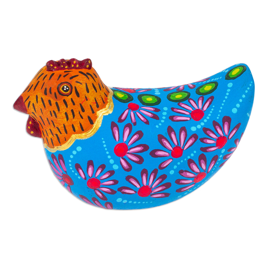 Mexican Hand-Painted Blue Orange Hen Wood Alebrije Figurine - Blue Hen